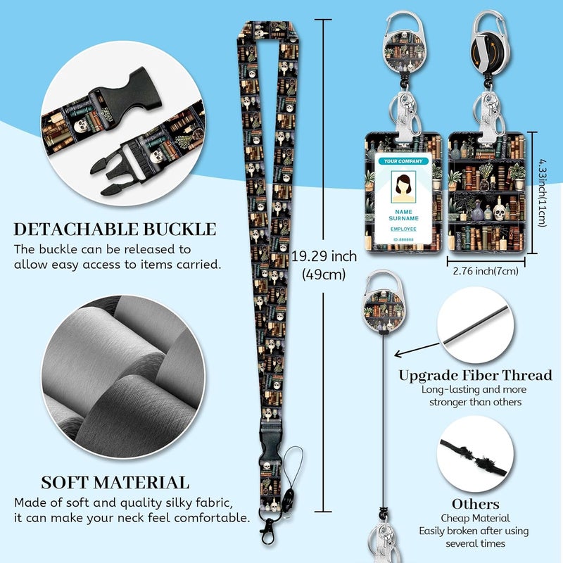 Hancynir Goth Bookshelf Skull Lanyard for Id Badges, Funny Gothic Badge Holder with Retractable Reel Clip, Work Name Tags Keychain Lanyard with ID Holder, Card Protector for Teacher Nurse Office Gifts - Image 4